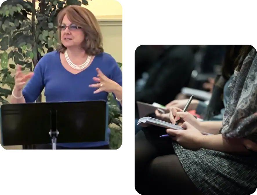 Nancy speaking and audience photos