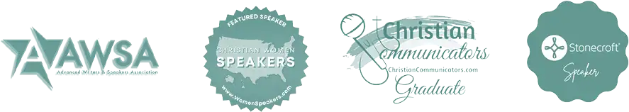 AWSA, Christian Women Speakers, Christian Communicators Graduate, and Stonecroft speaking certification badges relating to Nancy Kay Grace